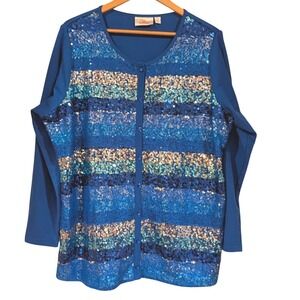 Quaker Factory‎ Women 1X Blue Sequin Lace button Front Cardigan Top